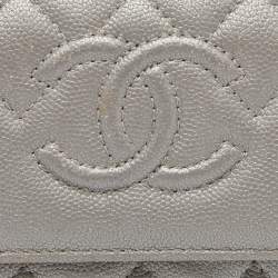 Chanel Silver Quilted Caviar Leather CC Trifold Wallet