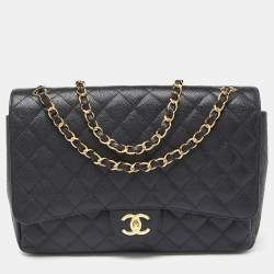 Pre Owned Chanel Black Quilted Caviar Leather Maxi Classic Double Flap Bag