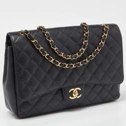 Pre Owned Chanel Black Quilted Caviar Leather Maxi Classic Double Flap Bag
