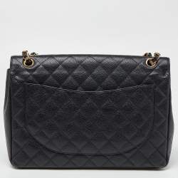 Pre Owned Chanel Black Quilted Caviar Leather Maxi Classic Double Flap Bag