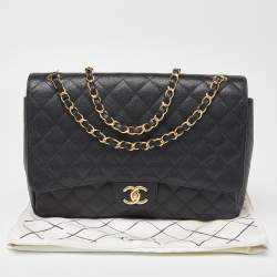 Pre Owned Chanel Black Quilted Caviar Leather Maxi Classic Double Flap Bag