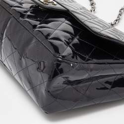 Pre Owned Chanel Dark Blue Quilted Patent Leather Jumbo Classic Single Flap Bag