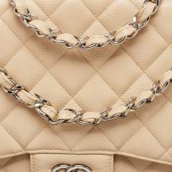 Pre Owned Chanel Beige Quilted Caviar Leather Jumbo Classic Single Flap Bag