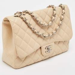 Pre Owned Chanel Beige Quilted Caviar Leather Jumbo Classic Single Flap Bag