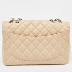 Pre Owned Chanel Beige Quilted Caviar Leather Jumbo Classic Single Flap Bag