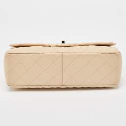 Pre Owned Chanel Beige Quilted Caviar Leather Jumbo Classic Single Flap Bag