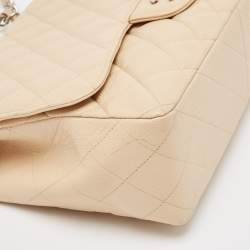 Pre Owned Chanel Beige Quilted Caviar Leather Jumbo Classic Single Flap Bag