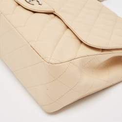 Pre Owned Chanel Beige Quilted Caviar Leather Jumbo Classic Single Flap Bag