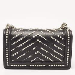 Pre Owned Chanel Black Chevron Caviar and Leather Medium Pearl Boy Flap Bag