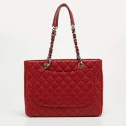 Pre Owned Chanel Red Quilted Caviar Leather Grand Shopper Tote