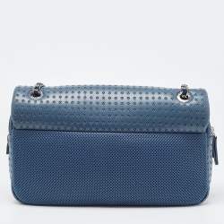 Pre Owned Chanel Blue Perforated Leather And Fabric Jumbo Easy Flap Bag
