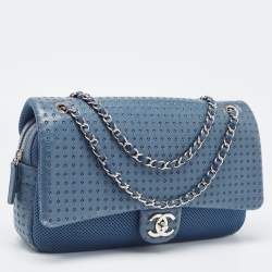Pre Owned Chanel Blue Perforated Leather And Fabric Jumbo Easy Flap Bag