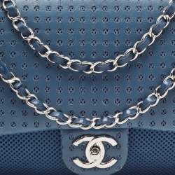 Pre Owned Chanel Blue Perforated Leather And Fabric Jumbo Easy Flap Bag