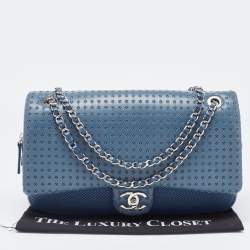 Pre Owned Chanel Blue Perforated Leather And Fabric Jumbo Easy Flap Bag