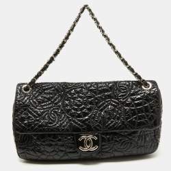 Pre Owned Chanel Black Patent Vinyl Graphic Edge Classic Flap Bag