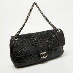 Pre Owned Chanel Black Patent Vinyl Graphic Edge Classic Flap Bag
