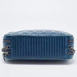 Pre Owned Chanel Teal Blue Quilted Leather Coco Boy Camera Case Bag