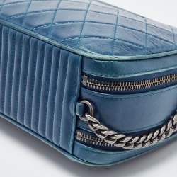 Pre Owned Chanel Teal Blue Quilted Leather Coco Boy Camera Case Bag