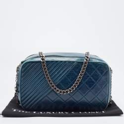 Pre Owned Chanel Teal Blue Quilted Leather Coco Boy Camera Case Bag