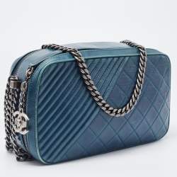 Pre Owned Chanel Teal Blue Quilted Leather Coco Boy Camera Case Bag