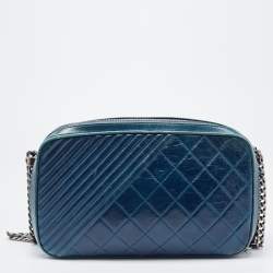 Pre Owned Chanel Teal Blue Quilted Leather Coco Boy Camera Case Bag