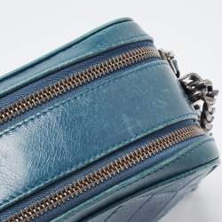 Pre Owned Chanel Teal Blue Quilted Leather Coco Boy Camera Case Bag