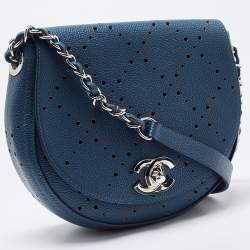 Pre Owned Chanel Blue Quilted Caviar Perforated Leather Crossbody Bag