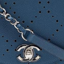 Pre Owned Chanel Blue Quilted Caviar Perforated Leather Crossbody Bag