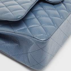 Pre Owned Chanel Blue Quilted Caviar Leather Medium Classic Double Flap Bag