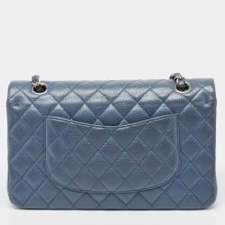 Pre Owned Chanel Blue Quilted Caviar Leather Medium Classic Double Flap Bag