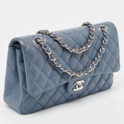 Pre Owned Chanel Blue Quilted Caviar Leather Medium Classic Double Flap Bag