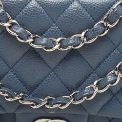 Pre Owned Chanel Blue Quilted Caviar Leather Medium Classic Double Flap Bag