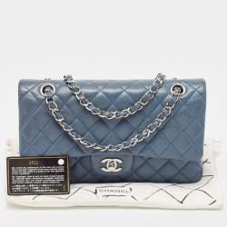 Pre Owned Chanel Blue Quilted Caviar Leather Medium Classic Double Flap Bag