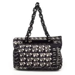 Pre Owned Chanel Black/White Printed Canvas Chain Link Tote 