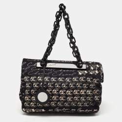 Pre Owned Chanel Black/White Printed Canvas Chain Link Tote 