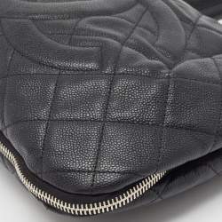 Pre Owned Chanel Black Quilted Caviar Leather Zip Expandable Shoulder Bag