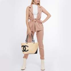 Pre Owned Chanel Beige/Black Quilted Leather Large Ligne Cambon Tote 