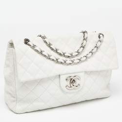 Pre Owned Chanel White Quilted Caviar Leather Maxi Vintage Classic Single Flap Bag