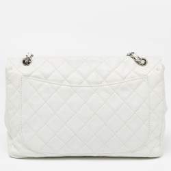 Pre Owned Chanel White Quilted Caviar Leather Maxi Vintage Classic Single Flap Bag