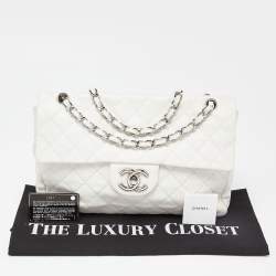 Pre Owned Chanel White Quilted Caviar Leather Maxi Vintage Classic Single Flap Bag