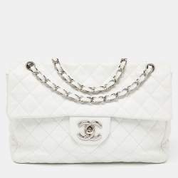 Pre Owned Chanel White Quilted Caviar Leather Maxi Vintage Classic Single Flap Bag
