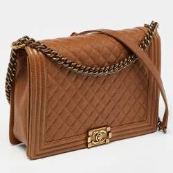 Pre Owned Chanel Brown Quilted Caviar Leather Large Boy Flap Bag