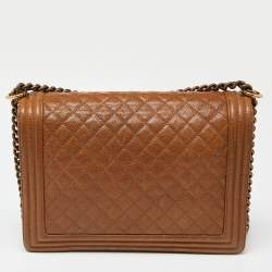 Pre Owned Chanel Brown Quilted Caviar Leather Large Boy Flap Bag