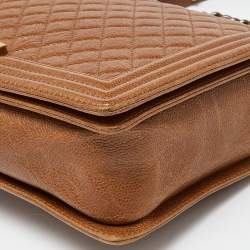 Pre Owned Chanel Brown Quilted Caviar Leather Large Boy Flap Bag