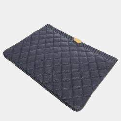 Chanel Navy Blue Caviar Leather O Case Medium Boy Clutch Bag 