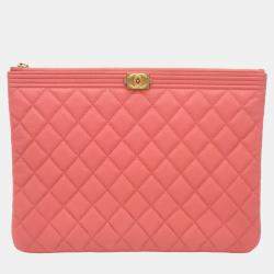 Pre Owned Chanel Pink Caviar Leather O Case Quilted Medium Boy Clutch Bag 