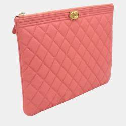 Pre Owned Chanel Pink Caviar Leather O Case Quilted Medium Boy Clutch Bag 