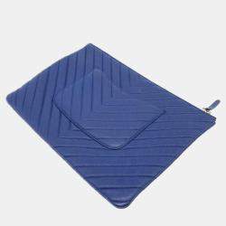 Pre Owned Chanel Navy Blue Caviar Leather Large Chevron O Case Clutch Bag 