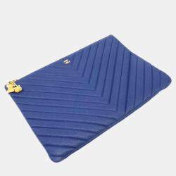Chanel Navy Blue Caviar Leather Large Chevron O Case Clutch Bag 