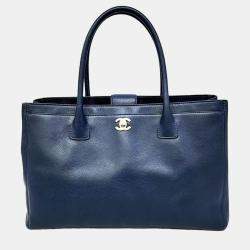 Pre Owned Chanel Blue Leather Medium Executive Cerf Tote Bag